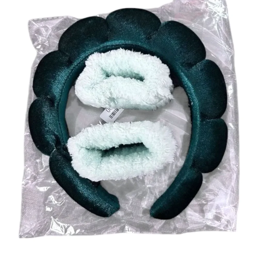 3 Piece Skincare Spa Headband & Fuzzy Wristband Face Wash Set Green New